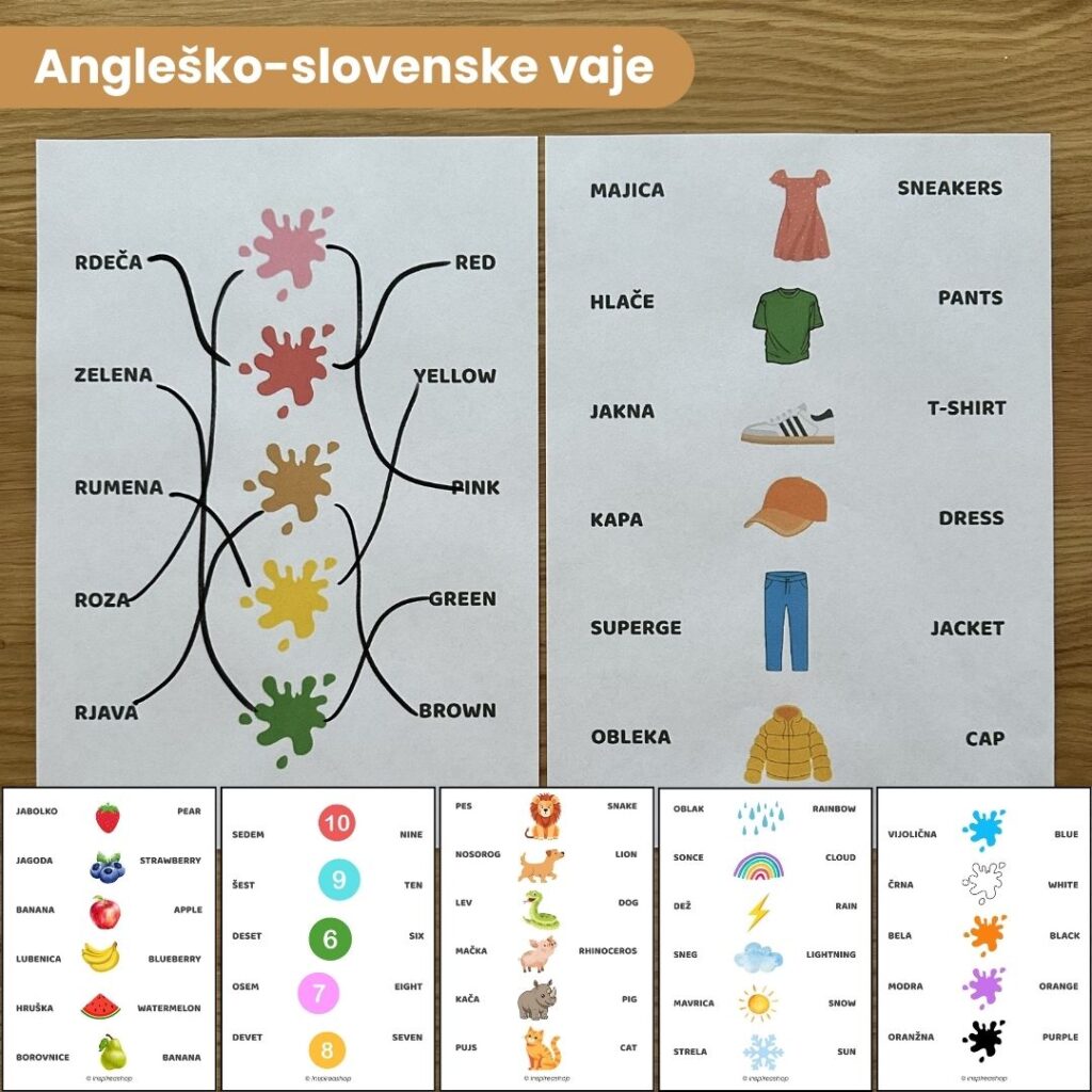 Angleščina za najmlajše - angleško slovenske vaje: abeceda, številke, barve, oblike, živali, sadje, glagoli (PDF 170 strani)