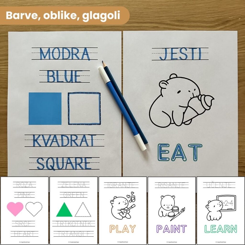 Angleščina za najmlajše - angleško slovenske vaje: abeceda, številke, barve, oblike, živali, sadje, glagoli (PDF 170 strani)