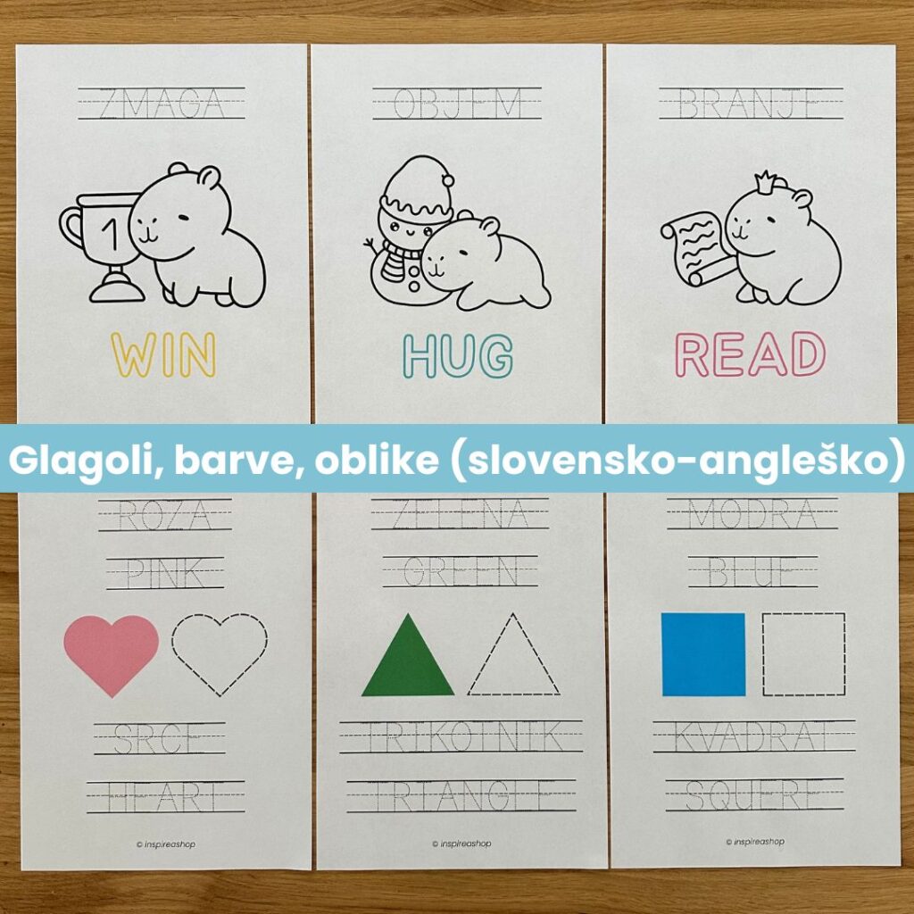 Angleščina za najmlajše - angleško slovenske vaje: abeceda, številke, barve, oblike, živali, sadje, glagoli (PDF 170 strani)